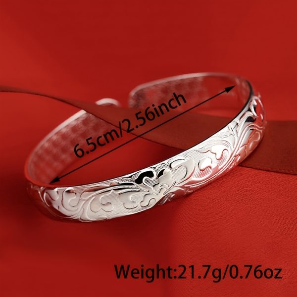925 Pure Silvery Fashion Retro Floral Pattern Open Bracelet - Image 4
