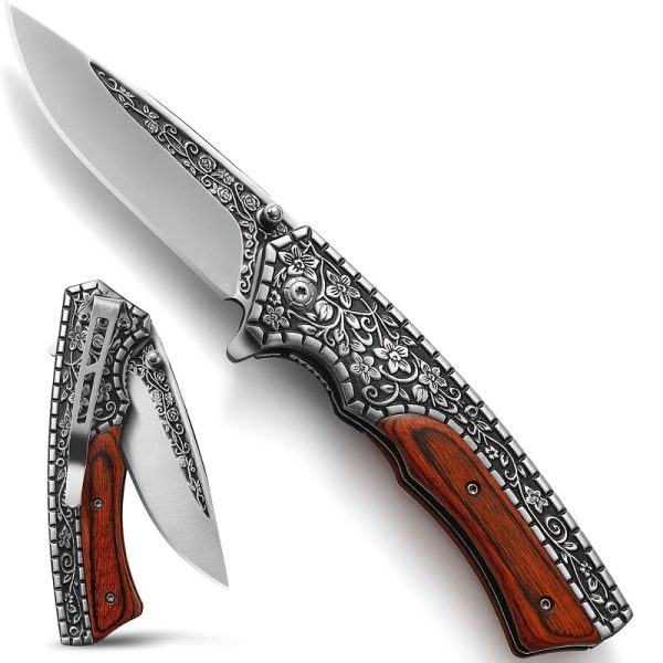 1pc Ambidextrous Stainless Steel Folding Knife with 3D Vintage Embossed Pattern - Lightweight Pocket Knife for Outdoor Survival, Camping, Fishing, Hiking, Hunting - Unique Engraved Design, Ideal Men'S Gift for Christmas, Halloween, Thanksgiving, Father'S - Image 3