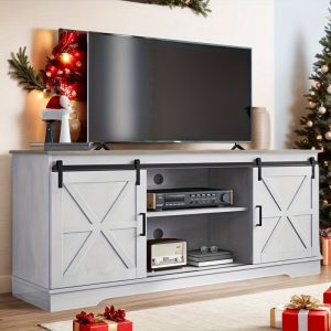 Xelsyo Farmhouse TV Stand for TVs up to 65'', Entertainment Center with Barn Doors, TV Media Console Cabinet, Grey Wash