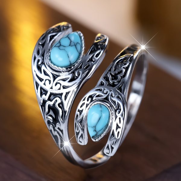 2.8 Grams Of S925 Sterling Silver Retro Old Bohemian Style Green Turquoise Carved Black Ring For Ladies - Image 2