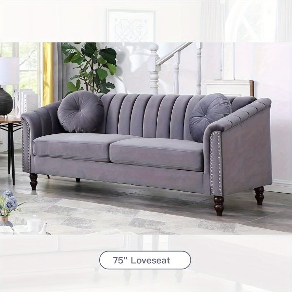 [The Yard]Chesterfield Sofa Set, Luxurious Flannel Upholstered Couch Set With Rolled Arms And Rivet Trim, 3-Piece Living Room Furniture Set Including Sofa, Loveseat, And Armchair, Button Tufted Cushions, Modern Classic Style Sofa For Home Or Office - Image 13