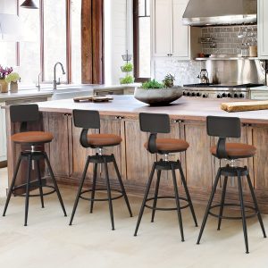 Set of 4 Industrial Vintage Farmhouse Faux Leather Swivel Bar Stools - Adjustable 26"-32" Counter Height with Back, Black Metal Legs, Durable, Easy to Assemble, Perfect for Kitchen Island, Bar, or Dining Area