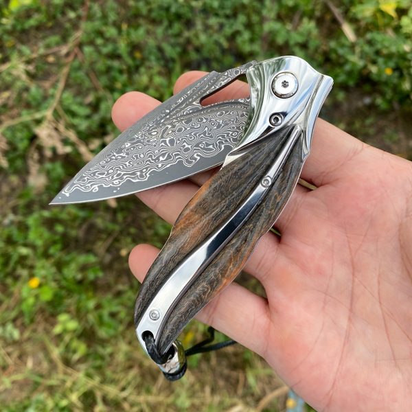 1 Piece, Damascus Steel Folding Pocket Knife, Premium Quality High Hardness Knife With Leather Sheath, Stabilized Cured Wood Handle, EDC Camping And Fishing Knife, Great For Adventure, Outdoor Hiking Tools, Men's Folding Knife Gift, Fruit Knife - Image 8