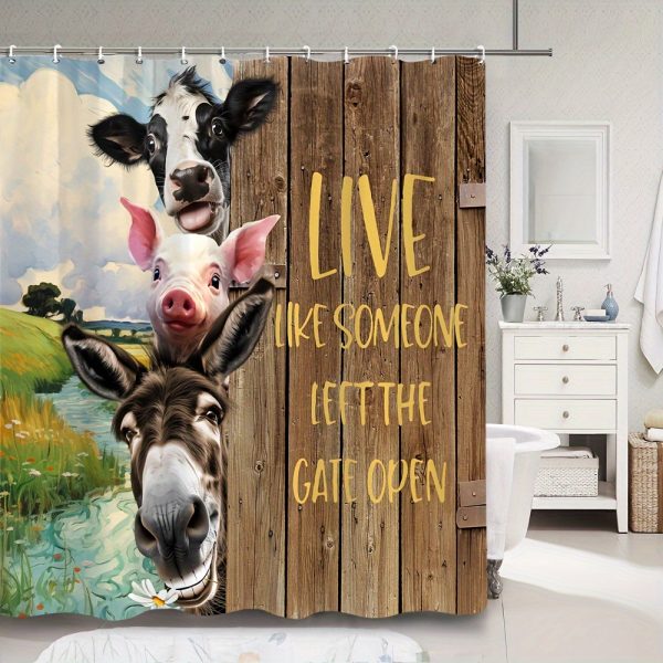 1pc Farmhouse-Style Animal Bath Curtain with Inspirational Quote, Durable Polyester Fabric, Machine Washable, Vintage Wooden Board Design with Cows, Donkeys, Pigs, Includes Grommet Hooks for Easy Hanging - All Season Bathroom Decor - Image 5
