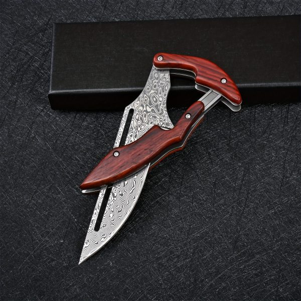 Damascus Steel Pocket Knife - High-Carbon VG10 Blade, Yellow Sandalwood Handle, Mechanical Lock, Outdoor Camping Survival Multitool with Folding Design, Ergonomic Grip, and Durable Construction for Everyday Carry - Image 9