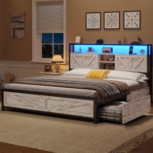 Full Size Farmhouse Bed Frame with Bookcase Storage Headboard - Bed Frames with Charging Station, LED Lights, 4 Drawers, Barn Door Design, No Box Spring Needed, Quiet Operation, White Finish, Easy Assembly
