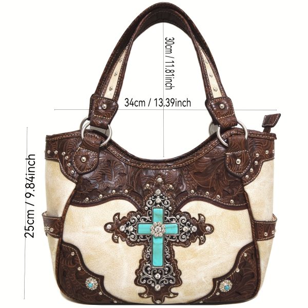 Western Style Rhinestone Cross Stud Handbag Tools Handbag Country Shoulder Bag Triple Fold Wallet Set - Image 5