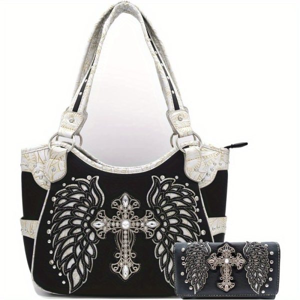 Western Chic Rhinestone Cross & Laser-Cut Wings Embossed Faux Leather Tote with Matching Wallet - Fashionable Shoulder Bag Set for Women - Image 8