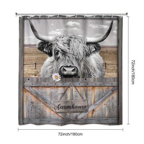 1pc/4pcs - Mountain Cow Shower Curtain Set, Including Waterproof Shower Curtain With 12 Plastic Hooks, Bathroom Anti-slip Floor Mat, Toilet U-Shaped Mat, Cover Mat, Country Farmhouse Wood Plank Animal Modern Bedroom Modern Cool Home Bathroom Decor - Image 3