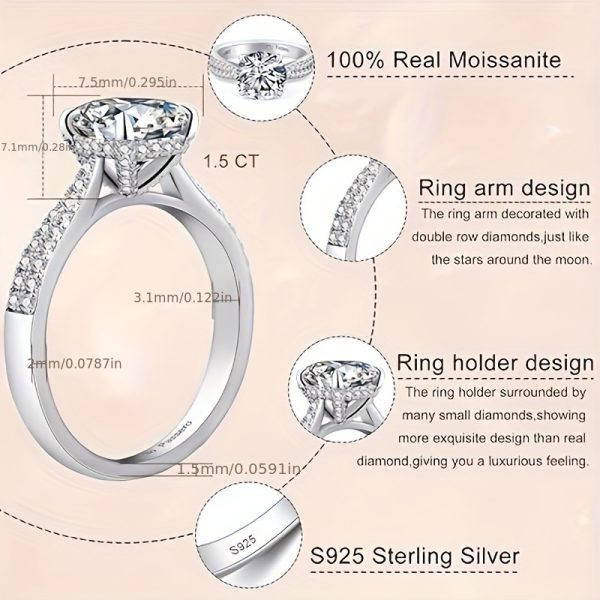 1.5/2/3/4CT Delicate Moissanite Sterling Silver Engagement Ring - Exquisite Promise Ring for Women, Fashionable Daily Wear Accessory, Romantic Gift for Lover, High-Quality Jewelry with 925 Sterling Silver Band - Image 4