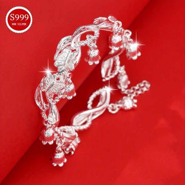 1pc Elegant 999 Sterling Silver Butterfly Bell Open Cuff Bracelet, Adjustable Fashion Jewelry for Women, Ideal for Daily Wear & Gifting, All-Season Accessory, Chinese Style, Birthday, 35g/1.23oz, Elegant Style - Image 2