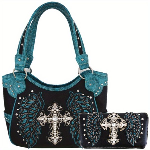 Western Chic Rhinestone Cross & Laser-Cut Wings Embossed Faux Leather Tote with Matching Wallet - Fashionable Shoulder Bag Set for Women - Image 3