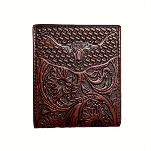 Vintage Western Cowboy Leather Wallet - Brown Floral Design, Non-Woven, Head Layer Leather, Large Capacity, Multi Card Slots, Coin Pocket