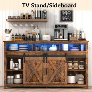 57" Large Wooden Farmhouse TV Stand for 60-65" TVs, Double Layer Storage Entertainment Center with Double-Row Sockets, 2 Sliding Barn Doors, and Media Cable Box