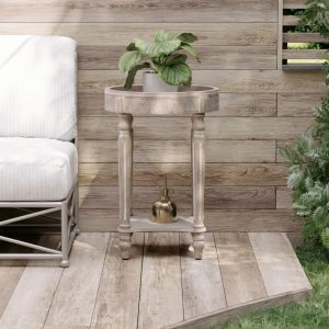 Rustic Farmhouse Round End Table With Storage Shelf, French Country Accent Side Table With Handmade Wood Grain, Modern, Vintage Grey Finish