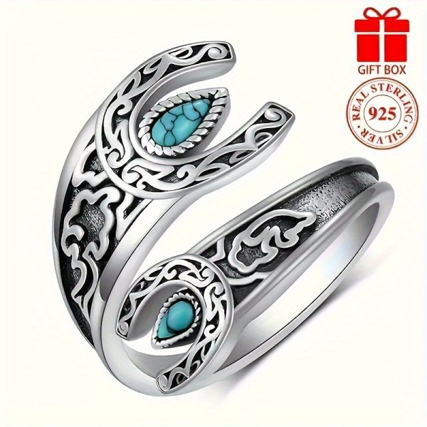2.8 Grams Of S925 Sterling Silver Retro Old Bohemian Style Green Turquoise Carved Black Ring For Ladies - Image 6