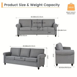 84" Modern Upholstered Sofas, 3-Seater Sofa with Nailhead Trim and Rolled Arm, Classic Couches for Living Room, Bedroom, Apartment, Easy Assembly, Grey