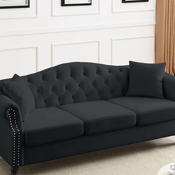 [Video] 79 Chesterfield Sofa Black Velvet for Living Room, 3 Seater Sofa Tufted Couch with Rolled Arms and Nailhead for Living Room, Bedroom, Office, Apartment, two pillows - Image 2