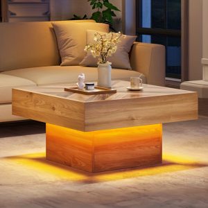 Xelsyo Farmhouse LED Coffee Tables Square Center Table with Storage for Living Room, Brown