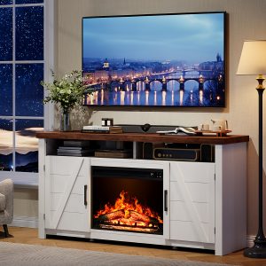 Rustic Farmhouse Highboy TV Stand with 23" Electric Fireplace - Antique White, Fits Up to 70" TVs, Spacious Media Console for Living Room