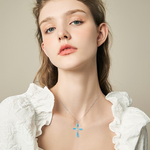 Cross Necklace For Women Turquoise Western Bohemia Sterling Silver 20 Inches Boho Jewelry Vintage Gemstone Teardrop Pendant Birthday Valentines Gift - Image 4