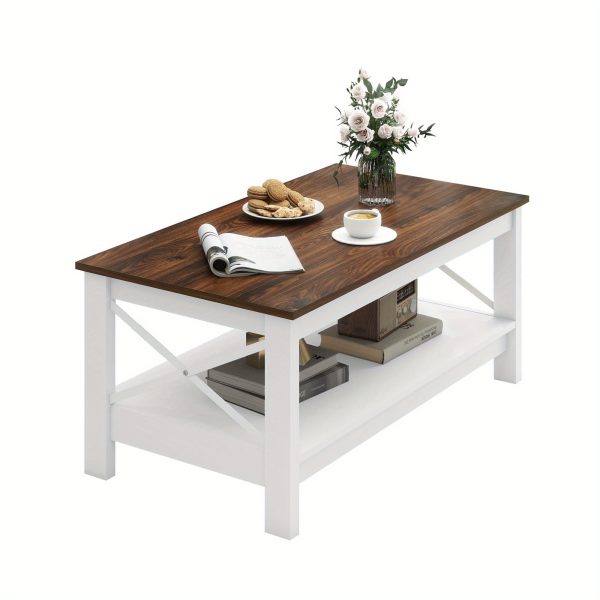 YINTATECH 2- Tier Wood Coffee Table with Open Storage, Farmhouse Accent Cocktail Center Table for Home Office, Brown and White - Image 6