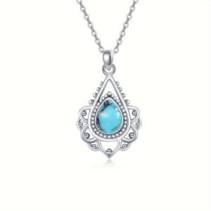 925 Sterling Silver OHAYOO Turquoise Lotus Necklace, Lotus Flower Pendant Anniversary Birthday Jewelry Gift for Girls, Mom, Daughter, Wife
