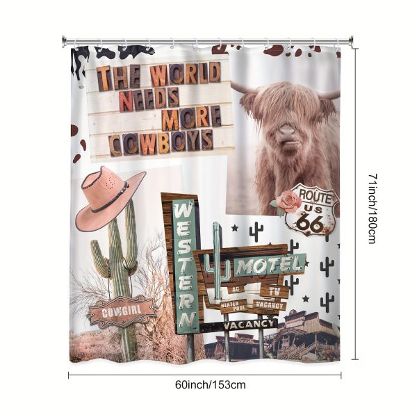 1/4 PPcs - Boho Western Shower Curtain Set, Country Farmhouse Fun Longhorn Bull Farm Cactus Animals 12 Hooks Waterproof Shower Curtain, Non-slip Bathroom Floor Mat, Toilet U-Shaped Mat, Cover Mat, Home Decor Gift - Image 6