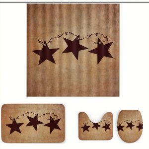 [4pcs Western Country Bathroom Set] 4pcs Vintage Country Style Iron Star Bathroom Accessory Set, Water-Resistant Polyester, Cartoon Pattern, Unlined, with Grommet Top, for All-Season Use, Fashion Theme, Texas Star Design