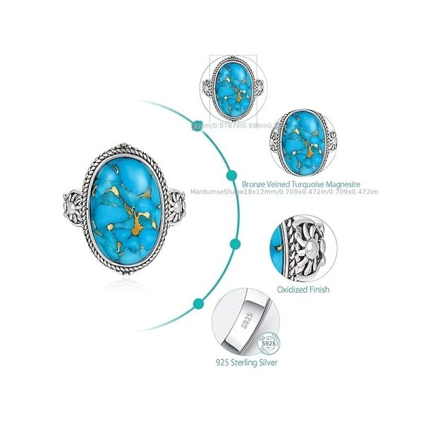 1pc Bohemian Style 925 Sterling Silver Turquoise Ring for Women, Vintage Stacking Band with Artificial Gemstone, Boho Chic Statement Jewelry, Gift for Her - Sizes 5-9 - Image 5
