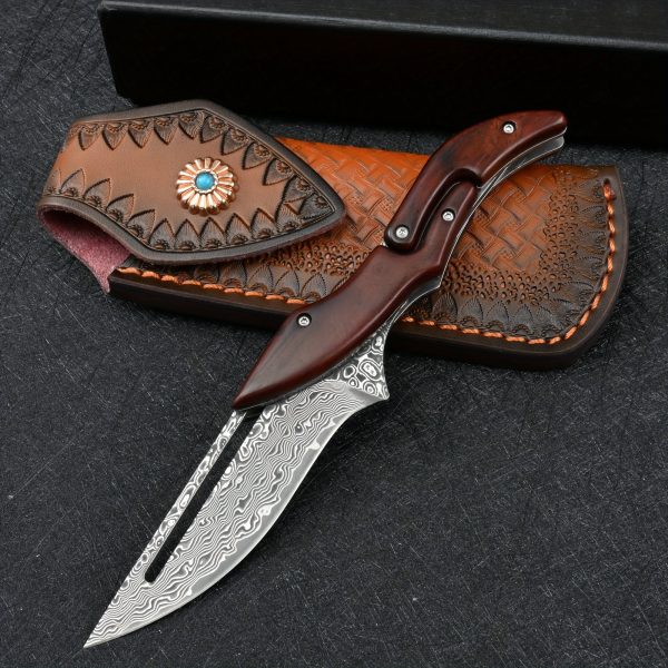 Damascus Steel Pocket Knife - High-Carbon VG10 Blade, Yellow Sandalwood Handle, Mechanical Lock, Outdoor Camping Survival Multitool with Folding Design, Ergonomic Grip, and Durable Construction for Everyday Carry