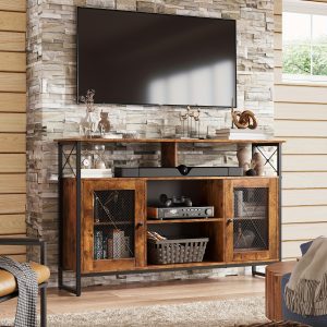 55" Tall Farmhouse Industrial TV Stand with Storage for Bedroom Living Room, Rustic Brown Entertainment Center