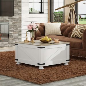 WLIVE Farmhouse Coffee Table, Square Wood Coffee Table with Storage, Center Table for Living Room, Home Office