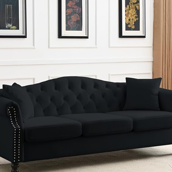 [Video] 79 Chesterfield Sofa Black Velvet for Living Room, 3 Seater Sofa Tufted Couch with Rolled Arms and Nailhead for Living Room, Bedroom, Office, Apartment, two pillows - Image 4