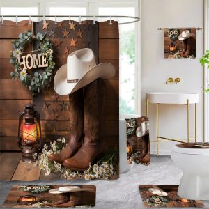 Rustic Cowboy Shower Curtain Set, 1/2/4/6pcs, Waterproof Polyester Bathroom Decor with Non-Slip Bath Mats, Ultra-Soft Towels, Toilet Lid Cover, and 12 Hooks, Fashionable Western Theme, Easy Care