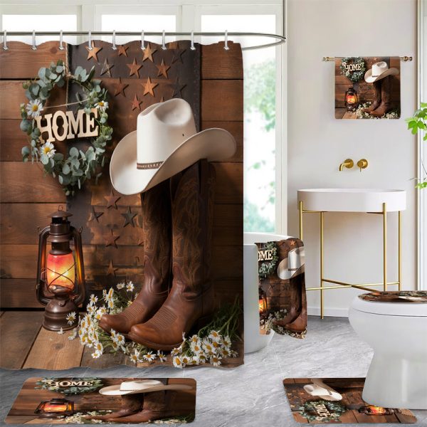 Rustic Cowboy Shower Curtain Set, 1/2/4/6pcs, Waterproof Polyester Bathroom Decor with Non-Slip Bath Mats, Ultra-Soft Towels, Toilet Lid Cover, and 12 Hooks, Fashionable Western Theme, Easy Care