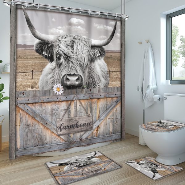 1pc/4pcs - Mountain Cow Shower Curtain Set, Including Waterproof Shower Curtain With 12 Plastic Hooks, Bathroom Anti-slip Floor Mat, Toilet U-Shaped Mat, Cover Mat, Country Farmhouse Wood Plank Animal Modern Bedroom Modern Cool Home Bathroom Decor