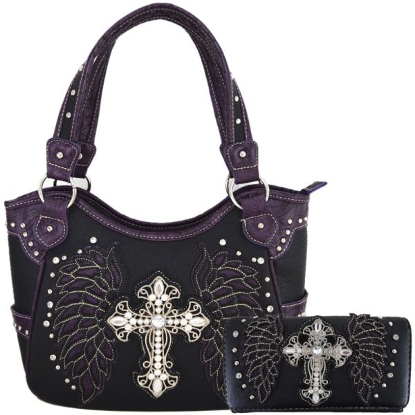 Western Chic Rhinestone Cross & Laser-Cut Wings Embossed Faux Leather Tote with Matching Wallet - Fashionable Shoulder Bag Set for Women - Image 4