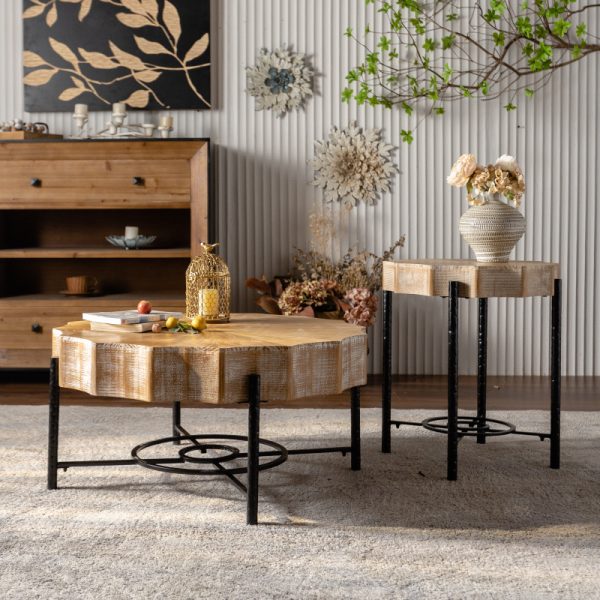 Vintage 31.5" Cedar Coffee Table Set with Natural Pine Grain Top and Dimpled Metal Cross Legs, Black - Set of 2 - Image 2