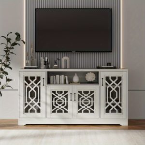 American retro style multi-purpose storage cabinetTV Stand for 65+ Inch TV, Rustic Media Console with Storage Shelves, Wood Television Stand for Living Room (Grey Ash)