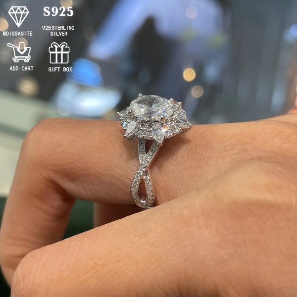 2ct Oval Moissanite Luxury Boho Style Engagement Ring - 1pc S925 Sterling Silver Plated, Hypoallergenic Cross Design - Exquisite Jewelry for Valentine's Day, 4.5g, with Elegant Gift Box - Image 7