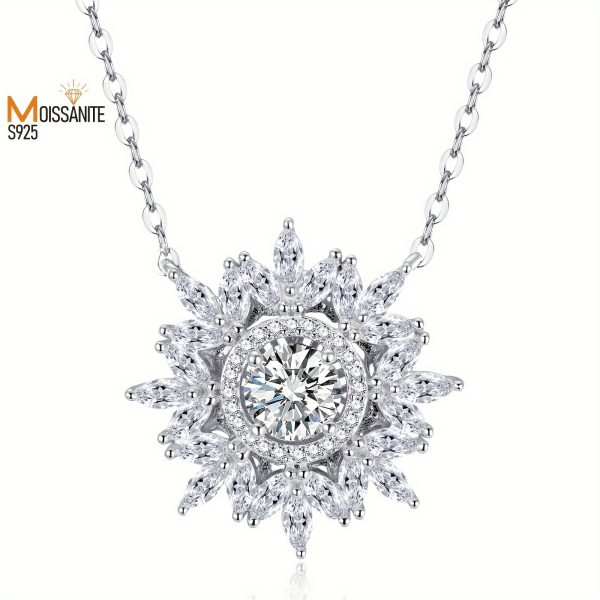 1 Piece Exquisite 925 Sterling Silver Moissanite Diamond Flower Pendant Necklace - Wide Face, 1 Carat Main Stone, Ladies' Fashion Jewelry for Engagement, Wedding, Confession, Gift for Friends, Loved Ones, and Family Members - Image 2