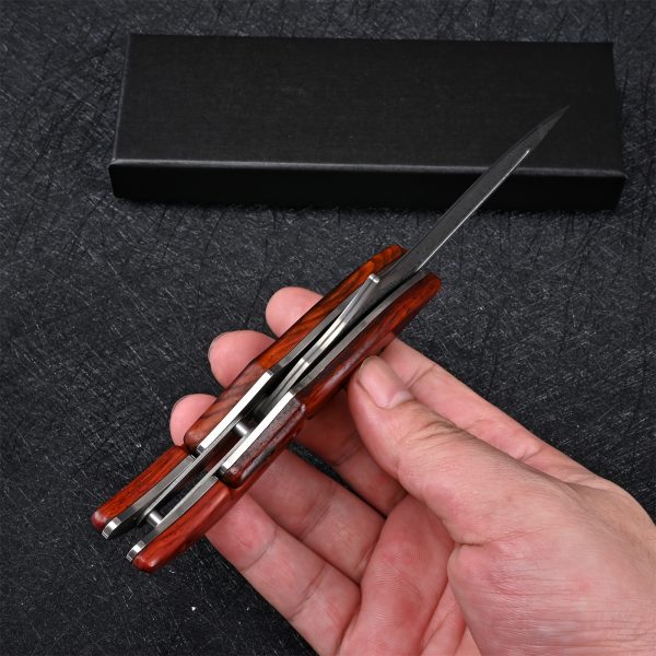 Damascus Steel Pocket Knife - High-Carbon VG10 Blade, Yellow Sandalwood Handle, Mechanical Lock, Outdoor Camping Survival Multitool with Folding Design, Ergonomic Grip, and Durable Construction for Everyday Carry - Image 11