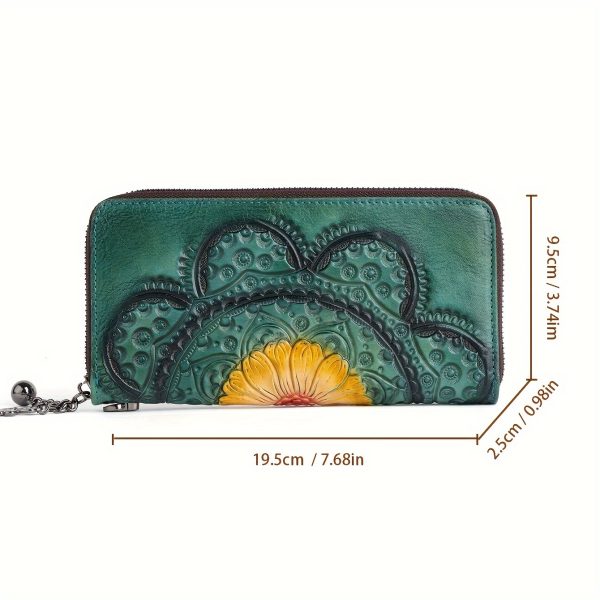 Planted Tanned Leather, Top Layer Cowhide, Genuine Leather, Women's Wallet, Mobile Phone Bag, Hand-held Bag, Embossed, Handmade, Hand-painted, Retro Style, Lightweight, Practical For Travel, Inner Compartment Made Of Top Layer Cowhide - Image 3