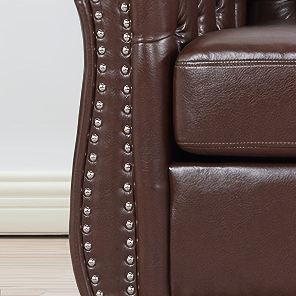 Wide Seat Wide Rolled Arm Sofa with Nailhead Trim And Wooden Legs, Retro Style Upholstered Single Sofa for Living Room, Bedroom, Dark Brown PU - Image 10