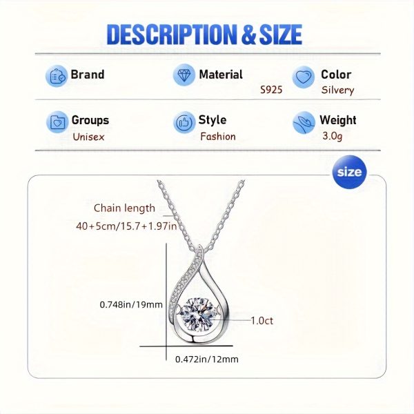 1 Piece Exquisite Water Drop Moissanite Pendant Necklace - 925 Sterling Silver, 1 Carat, Smart Style, Fashionable, Durable, Hypoallergenic, Perfect for Engagement, Wedding, Confession, Anniversary Gift for Friends, Lovers, Family - Image 2