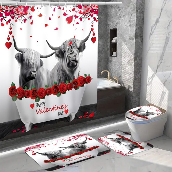 Valentine'S Day Highland Cow Bathroom Set with Hooks, Water-Resistant Polyester Decor, Non-Slip Mats, Toilet Cover, Ultra-Soft Towels, Hand Washcloths, Fashion Animal Love Theme Bath Accessories - 1pc/2pcs/4pcs/6pcs - Image 8