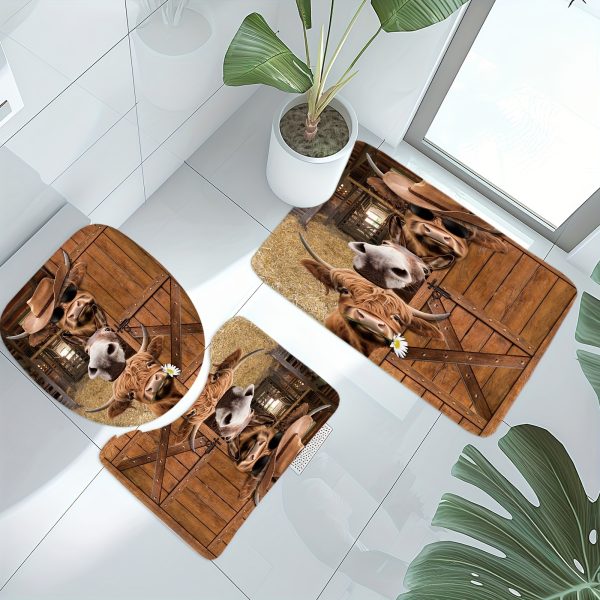1PC/4PCS - Fun Highland Cow Shower Curtain Set, Waterproof Shower Curtain With 12 Plastic Hooks, Non-slip Floor Mat, Toilet U-Shaped Mat, Cover Mat, Farmhouse Barn Door Western Bull Donkey Brown Wood Board Animal Country Bathroom Decor Accessories - Image 3