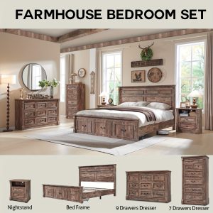 1pc Rustic Farmhouse King Size Bed Frame with Storage Drawers - Solid Hardwood Platform with 51" Tall Headboard, Roman Column Footboard, Metal Accents, Country Style Bedroom Furniture, No Box Spring Needed