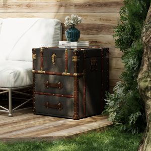 1pc Rustic Wooden Storage Chest with Metal Handles and Hinged Lid, Linen-Lined End Side Table with Pedestal Base for Patio and Home Decor